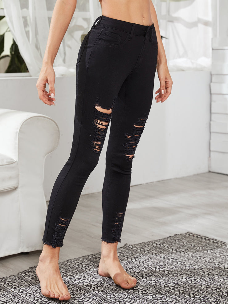 High Waist High Stretch Distressed Jeans Without Belted