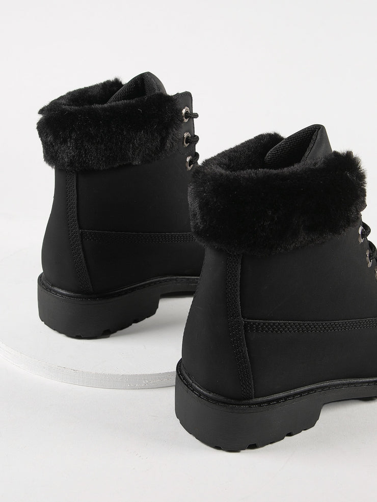 Faux Leather Lace-Up Fuzzy Trim Ankle Boots