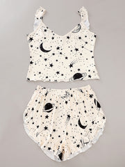 Galaxy Print Lettuce Trim Cami Pajama Set