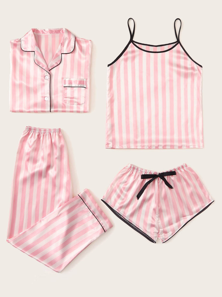 4pcs Striped Satin Pajama Set