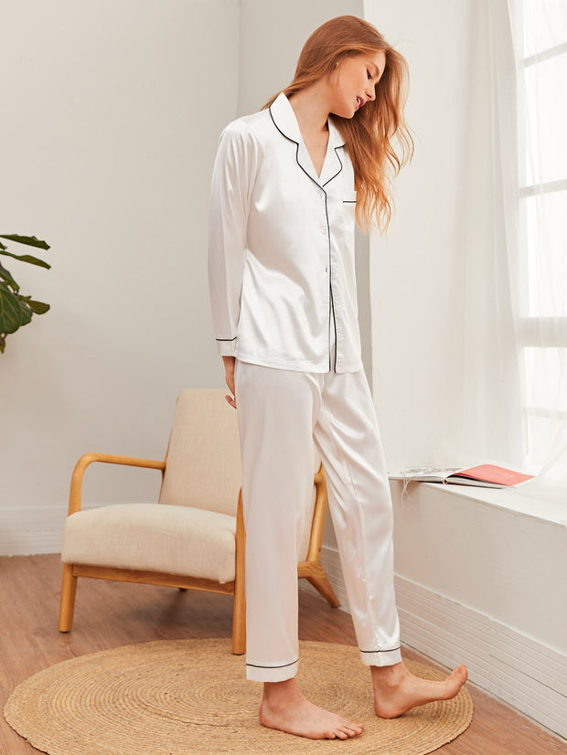 Contrast Binding Pocket Front Pajama Set