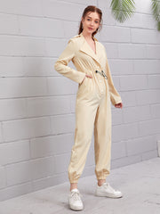 Solid Button Front Drawstring Waist Jumpsuit