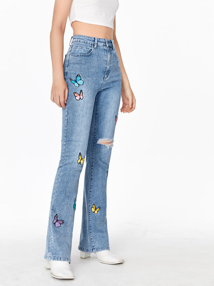 High Waisted Butterfly Embroidery Ripped Flare Leg Jeans