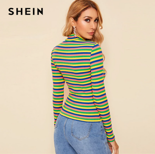 SHEIN Multicolor Stand Collar Striped Ribbed Knit Casual T-Shirt Women Tops 2019 Autumn Long Sleeve Form Fitted Stretchy Tees
