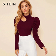 SHEIN Black Solid Stand Collar Cut Out Elegant Blouse Women Top 2019 Autumn Leg-Of-Mutton Sleeve Button Back Form Fitted Blouses