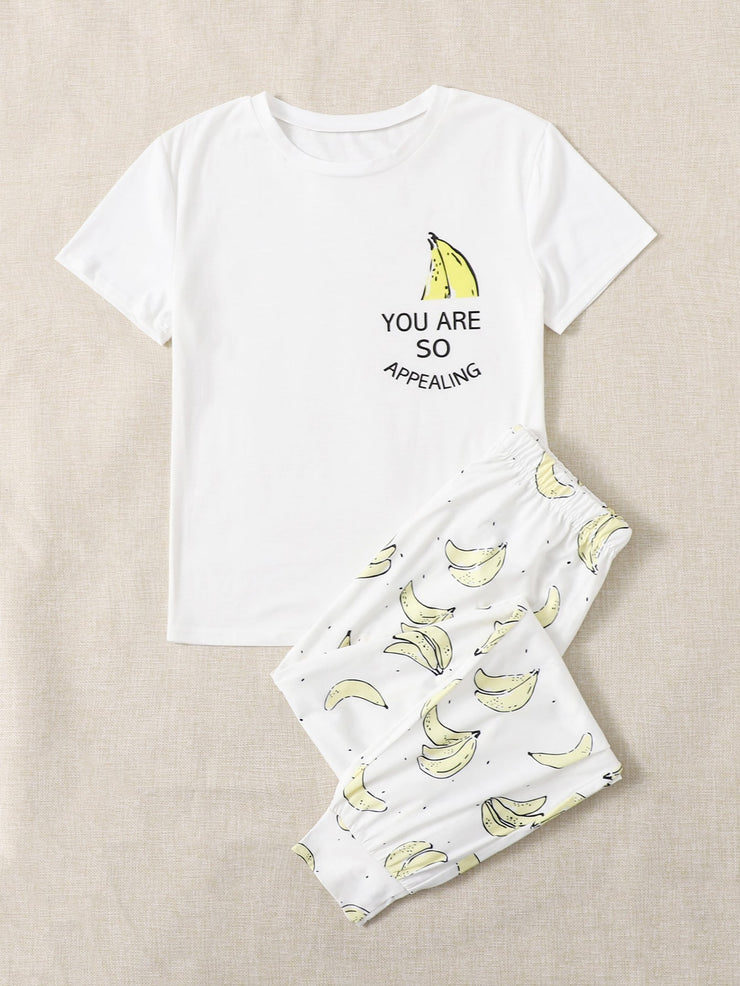 Slogan And Banana Print Short Sleeve PJ Set