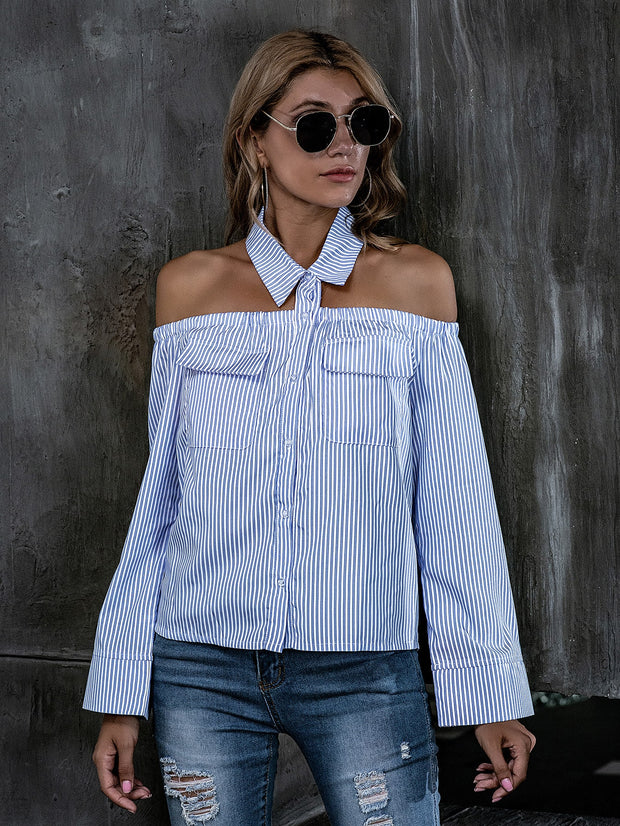 Collared Buttoned Front Striped Halter Blouse