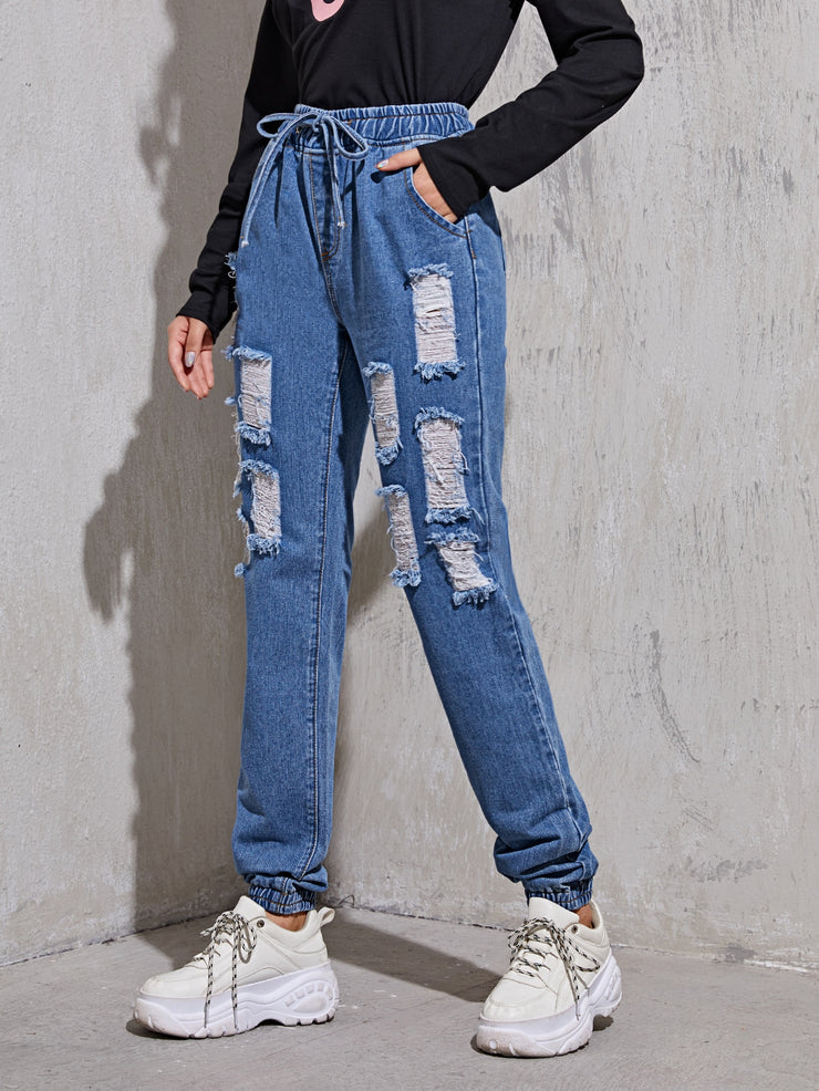Tie Waist Ripped Jogger Jeans