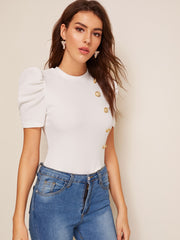 Mock-neck Puff Sleeve Button Front Top