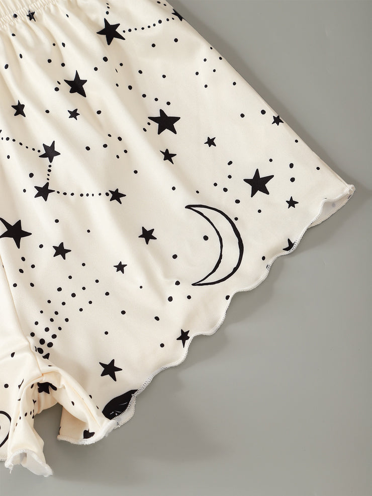 Letter & Galaxy Print Scallop Trimed Crop Cami Top & Shorts PJ Set