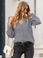 Houndstooth Ruffle Trim Button Up Blouse