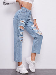 High-Rise Ripped Straight Leg Jeans