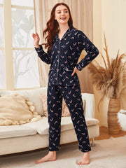 All Over Print Button Front Contrast Binding Lapel Collar PJ Set