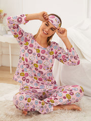 Donut Print Pajama Set With Eye Cover
