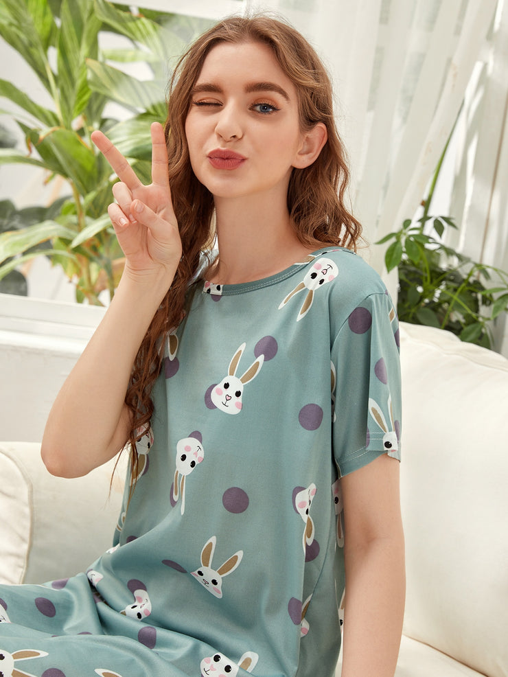 Polka Dot & Cartoon Rabbit Print Night Dress
