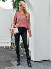 Lace Up Drop Shoulder Ribbed Knit Sweater
