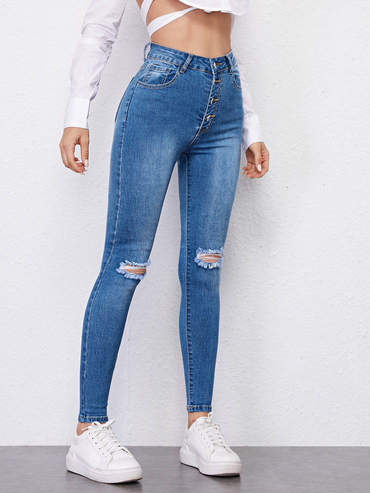 High Waist High Stretch Ripped Skinny Jeans
