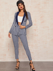 Notched Collar Double Breasted Houndstooth Blazer & Pants Set