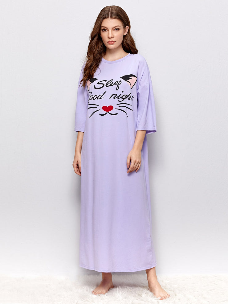 Drop Shoulder Letter and Cartoon Graphic Nightdress
