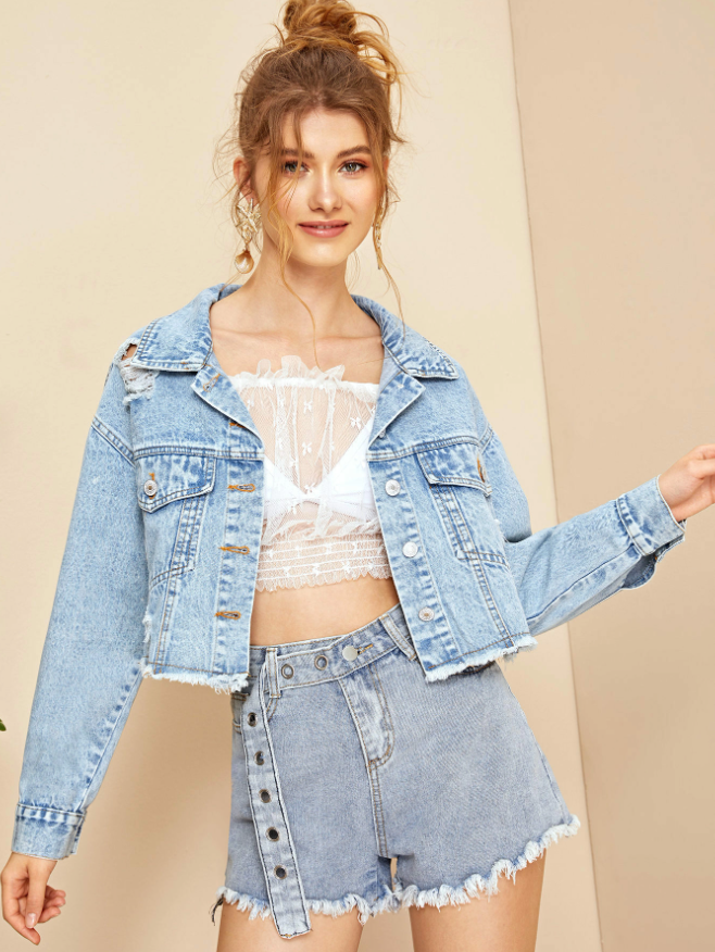 Distressed Button-Front Cropped Denim Jacket