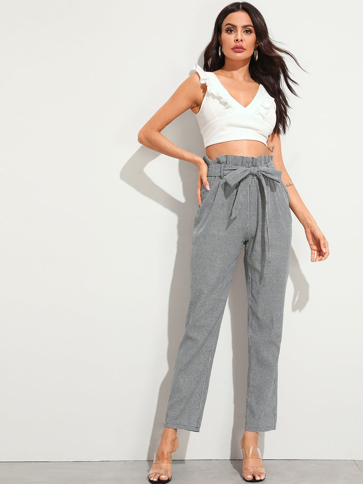 Paperbag Waist Self Belted Tapered Gingham Pants