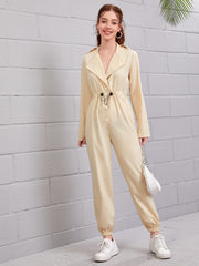 Solid Button Front Drawstring Waist Jumpsuit