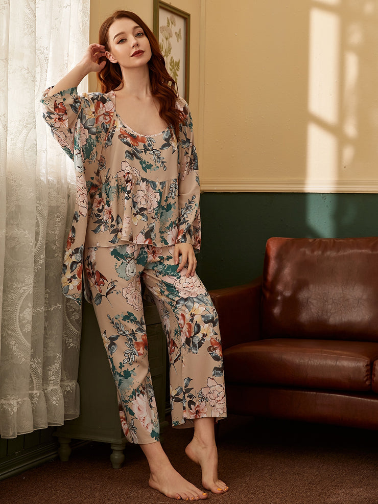 3pcs Flower Print Side Split Pajama Set
