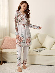 3pcs Floral Print Cami PJ Set & Belted Robe