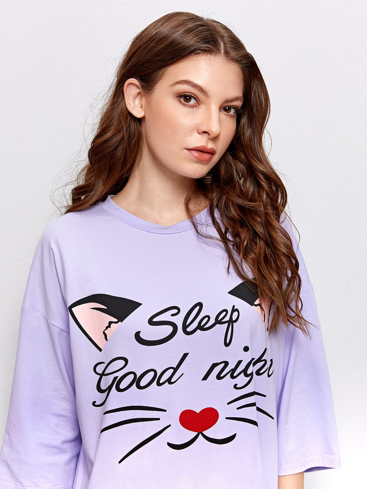 Drop Shoulder Letter and Cartoon Graphic Nightdress