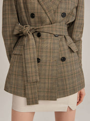 RAYON BELTED CHECKED BLAZER