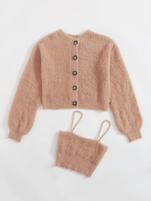 Button Front Fluffy Cardigan & Cami
