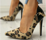 SHY Fashion Leopard Pointed Toe Metal Chain Thin Heels Snakeskin Sexy Party Women Shoes Rome Design Thin Heel Female Dress Shoes