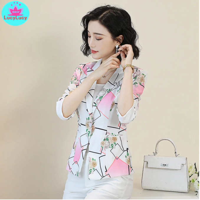 2019 Korean version of the new slim print seven-point sleeve summer small suit jacket