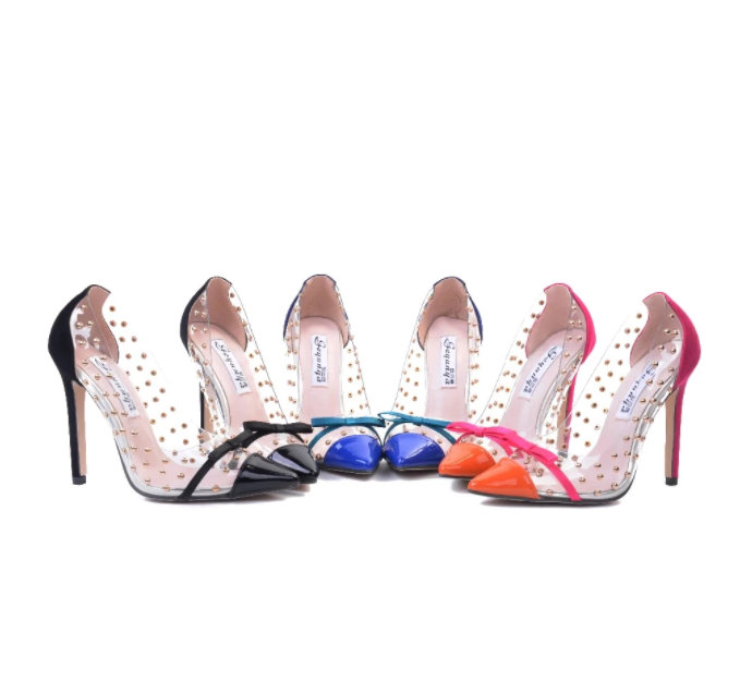 2020 New Sexy Women Pointed Toe Pumps Transparent Rivet Thin High Heel Lady Shoes Female Butterfly Bow Pumps For Work Big Size41