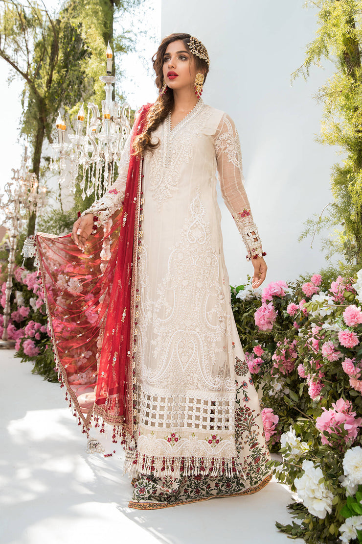 Maria B Unstitched MBROIDERED - Off White and Deep Red (BD-2103)