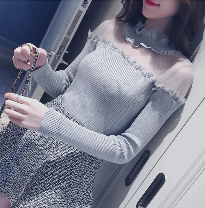 Women's Fashion Long Sleeve Lace Rufflrd Collar Sweater Autumn Ladies Sexy See Through Solid Color Knitted Pullovers Plus Size